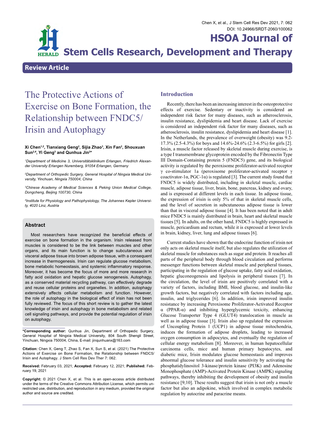 The Protective Actions of Exercise on Bone Formation, the Relationship Between FNDC5/Irisin and Autophagy