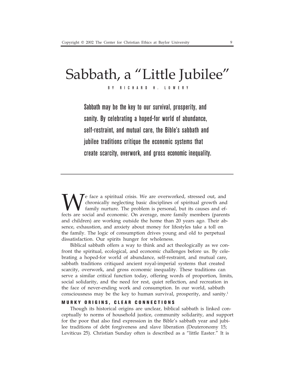 Sabbath, a 'Little Jubilee,'