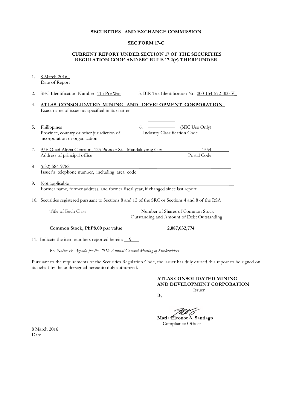 Securities and Exchange Commission Sec Form 17-C