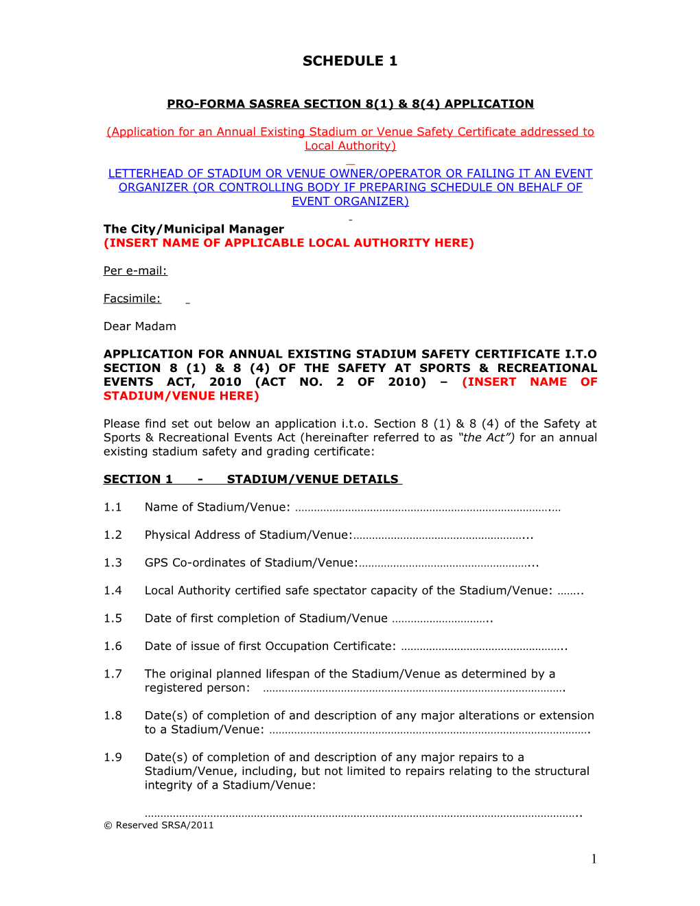 Pro-Forma Sasrea Section 8(1) Application