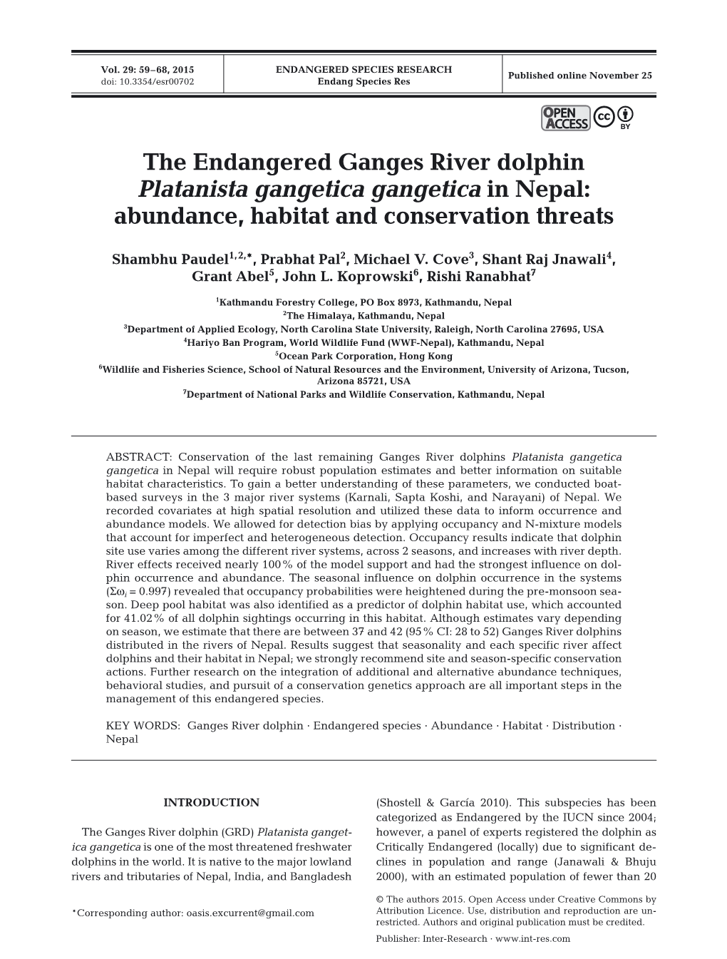 The Endangered Ganges River Dolphin Platanista Gangetica Gangetica in Nepal: Abundance, Habitat and Conservation Threats