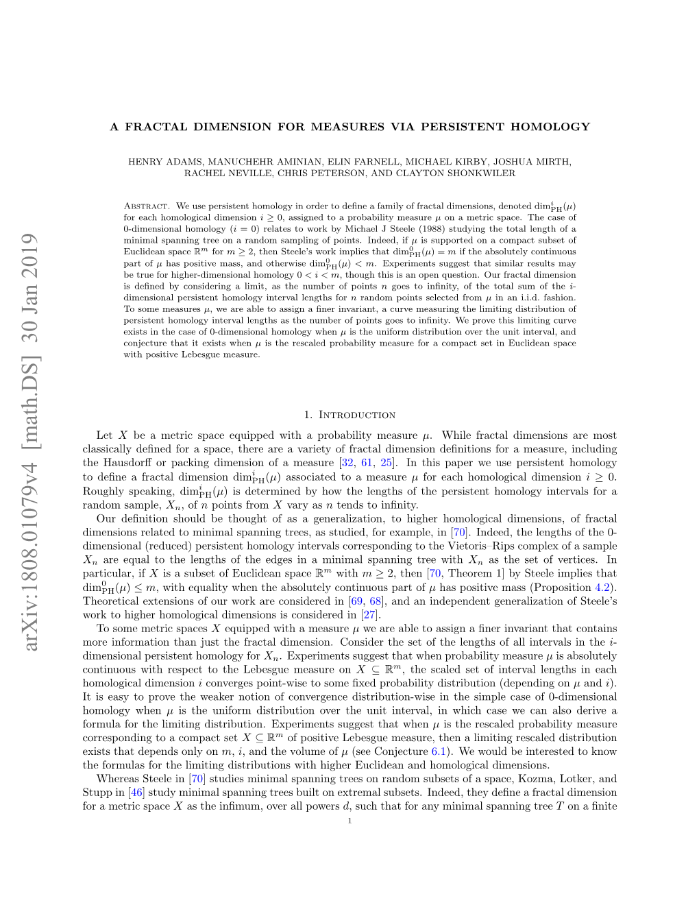 Arxiv:1808.01079V4 [Math.DS] 30 Jan 2019 Dimensional Persistent Homology for Xn