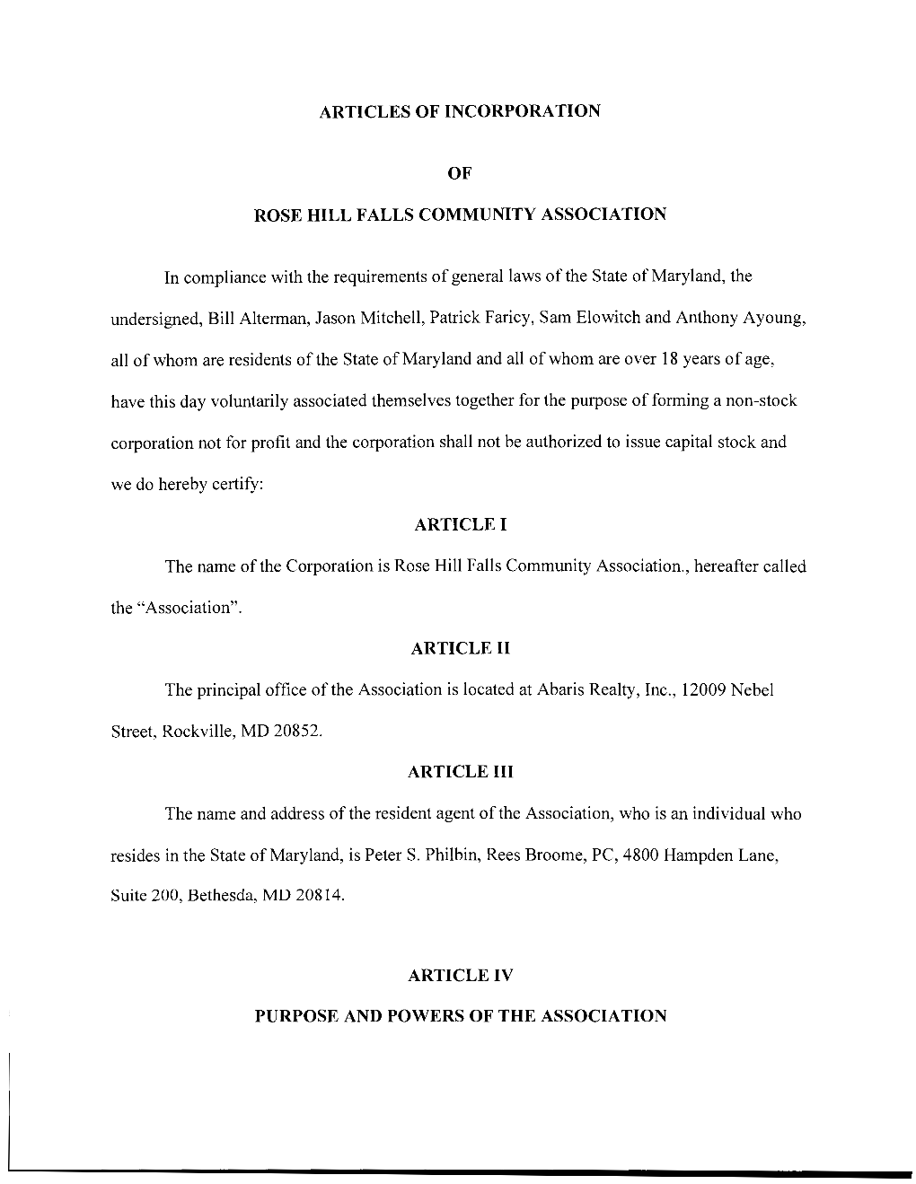 Articles of Incorporation of Rose Hill Falls Community
