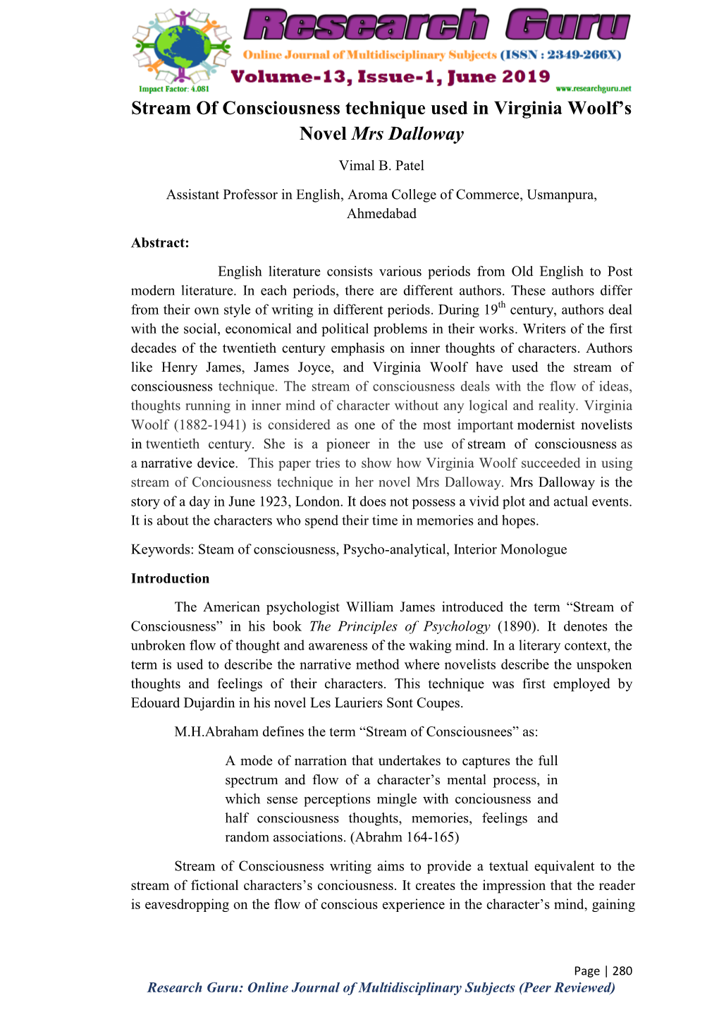 Stream of Consciousness Technique Used in Virginia Woolf's Novel Mrs