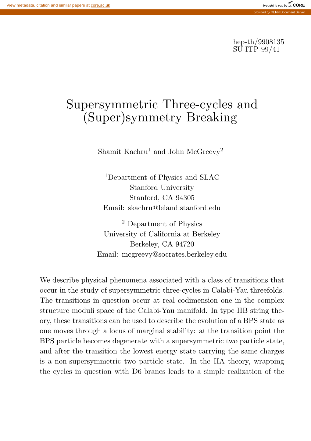 Supersymmetric Three-Cycles and (Super)Symmetry Breaking