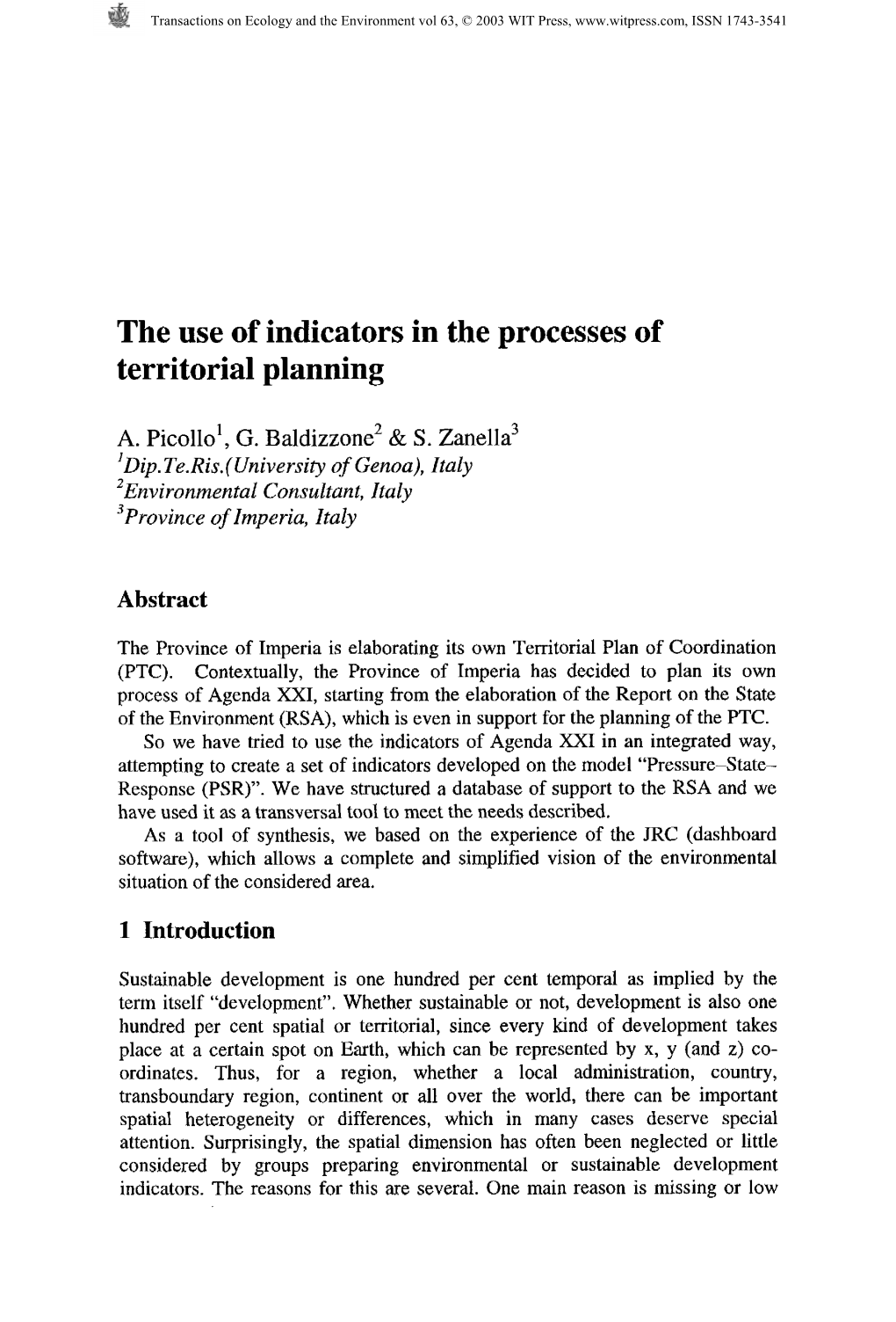 The Use of Indicators in the Processes of Territorial Planning
