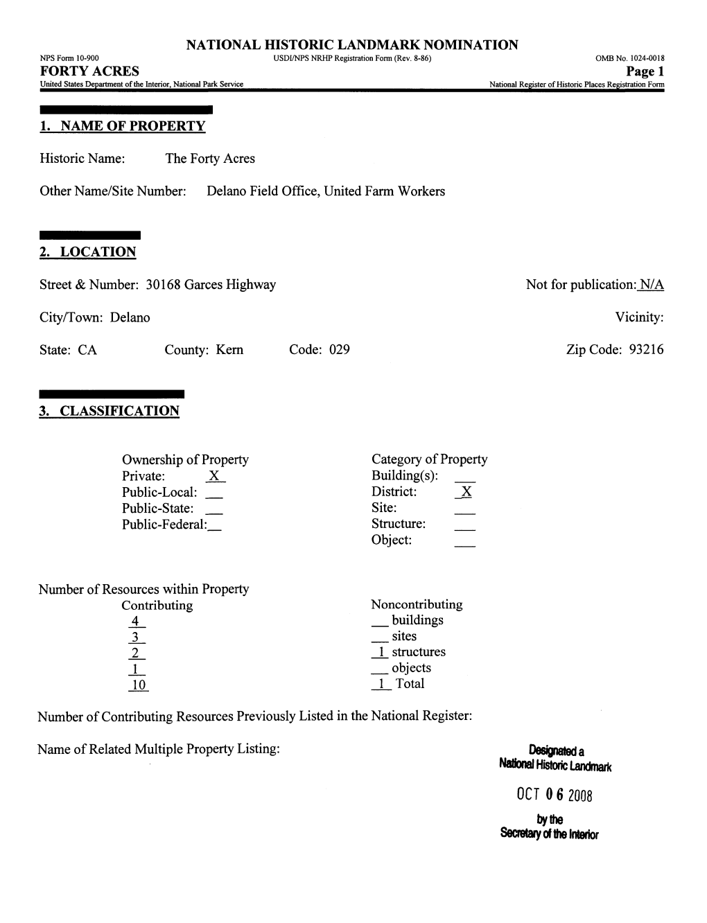 OCT 062008 by the Secretary of the Interior NFS Form 10-900 USDI/NPS NRHP Registration Form (Rev