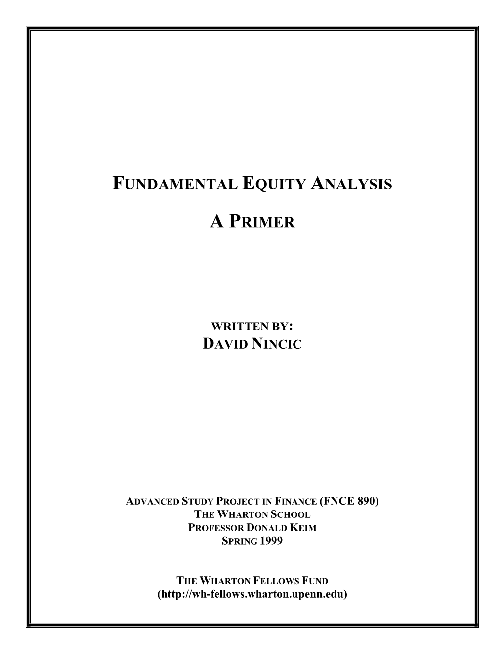 Fundamental Equity Analysis a Primer