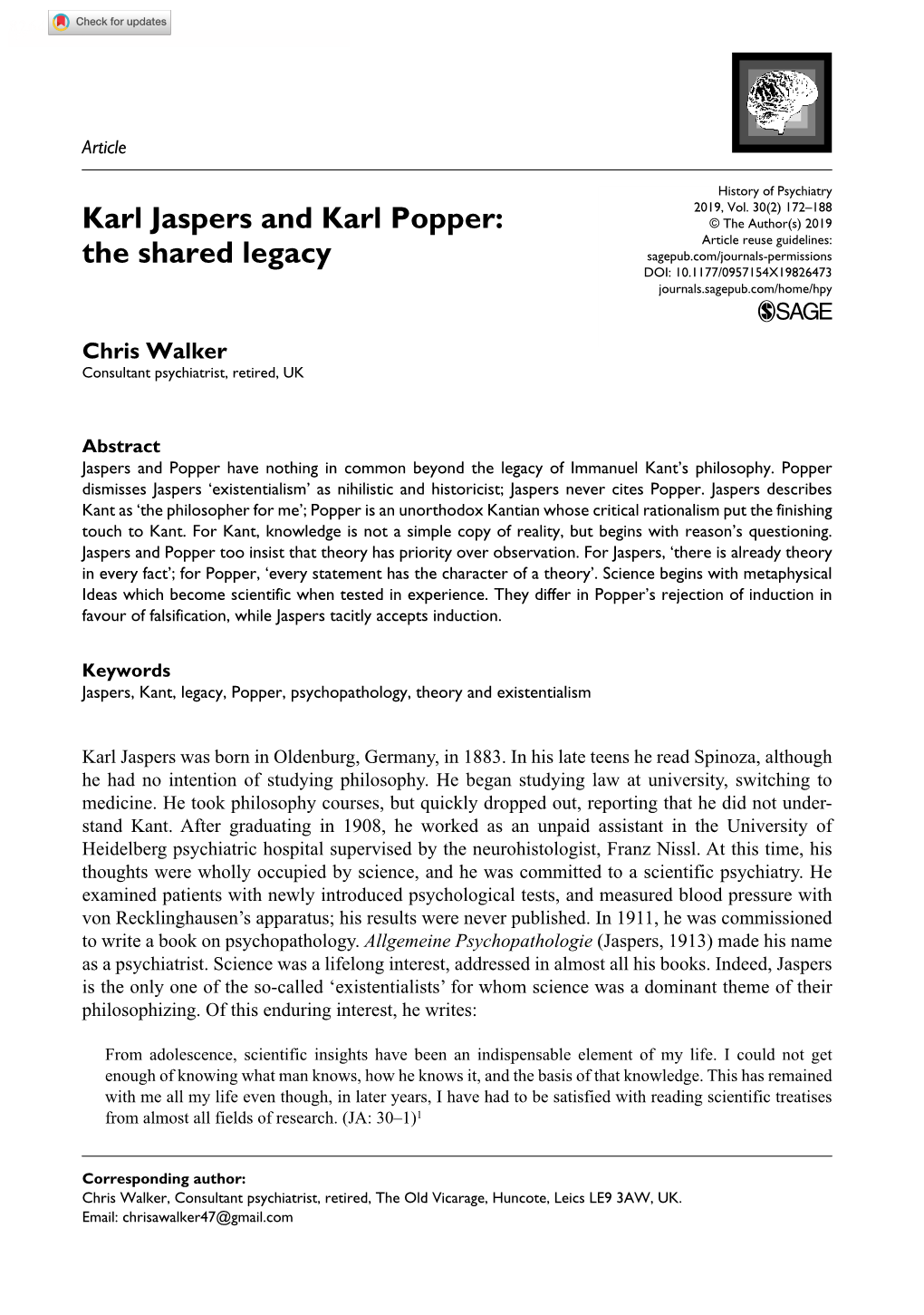 Karl Jaspers and Karl Popper: the Shared Legacy