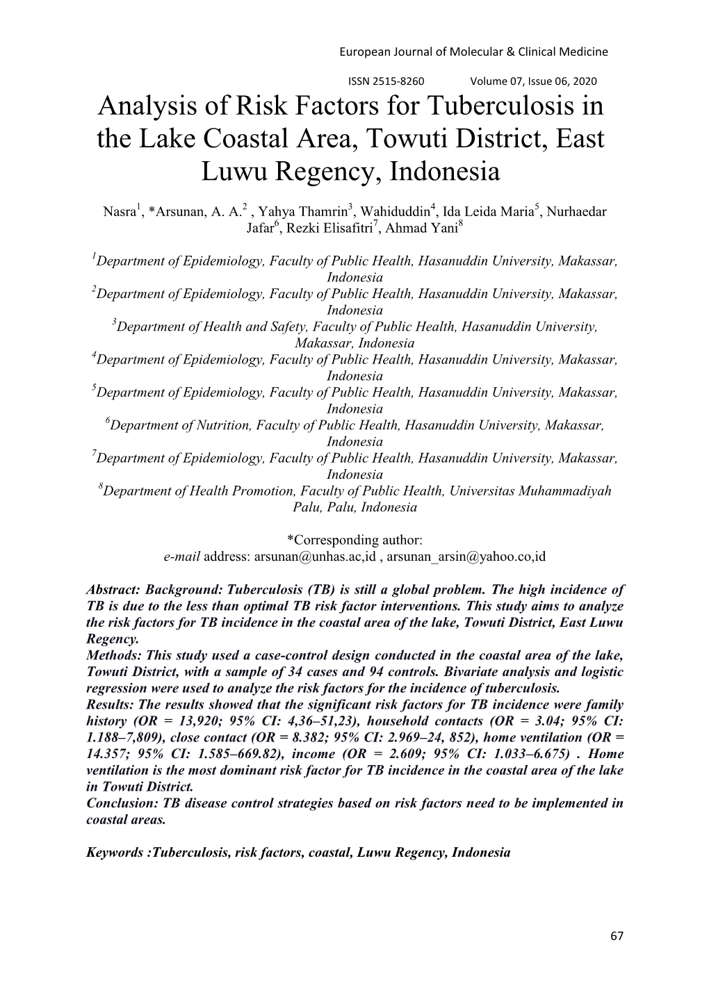 Analysis of Risk Factors for Tuberculosis in the Lake Coastal Area, Towuti District, East Luwu Regency, Indonesia