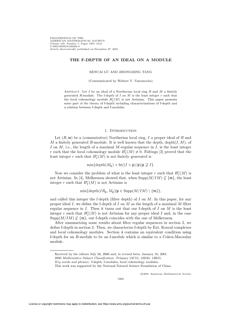 THE F-DEPTH of an IDEAL on a MODULE 1. Introduction Let (R, M)