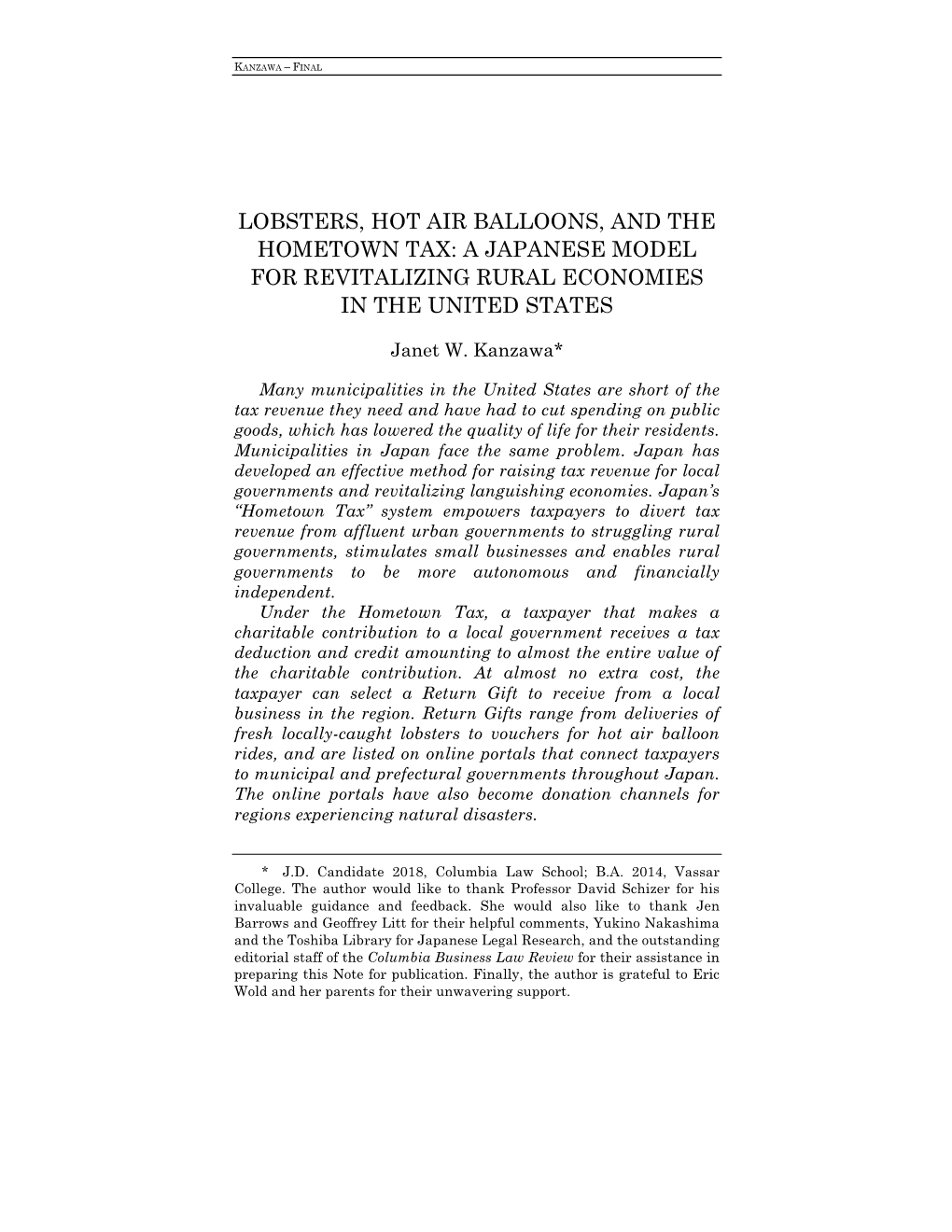 Lobsters, Hot Air Balloons, and the Hometown Tax: a Japanese Model for Revitalizing Rural Economies in the United States