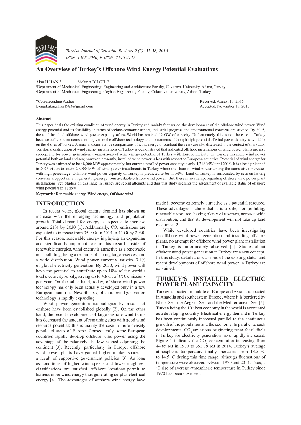 An Overview of Turkey's Offshore Wind Energy Potential Evaluations