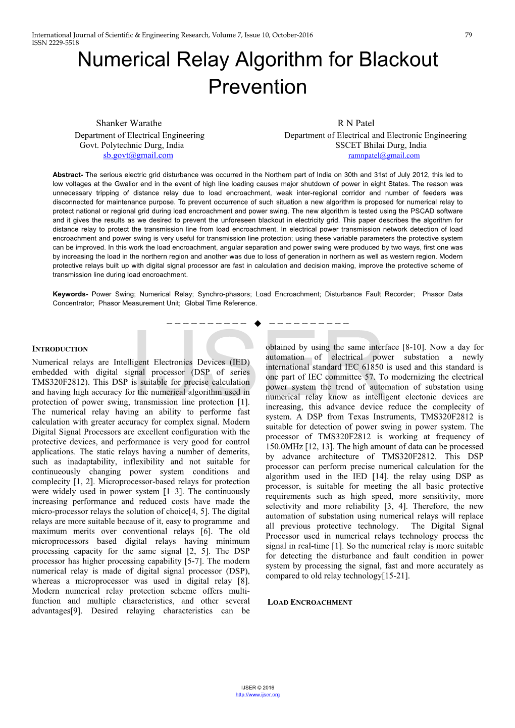 Numerical Relay Algorithm for Blackout Prevention