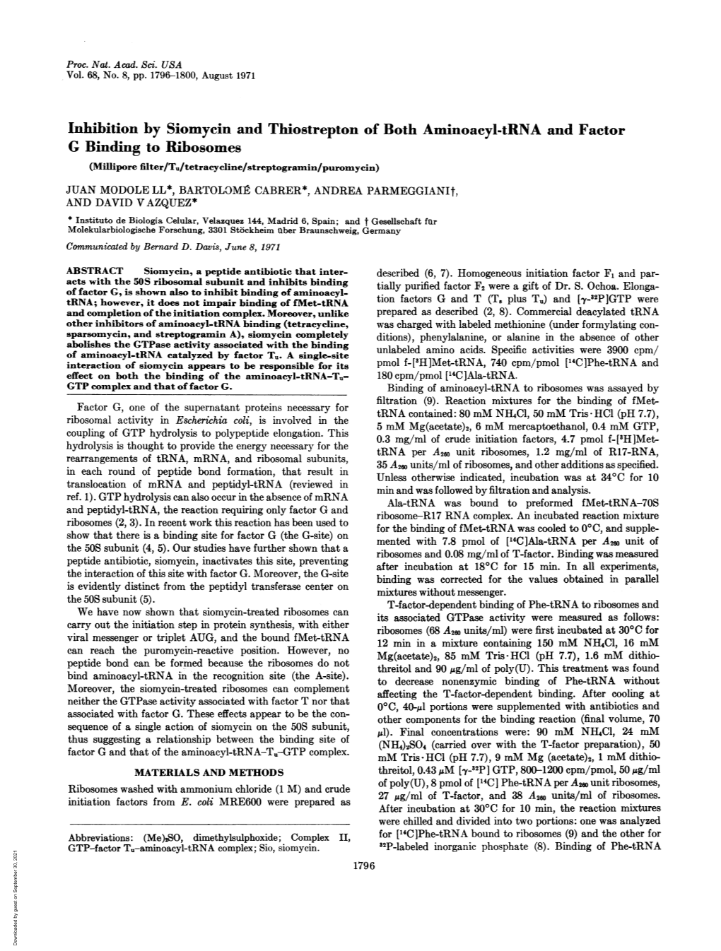 Inhibition by Siomycin and Thiostrepton of Both Aminoacyl