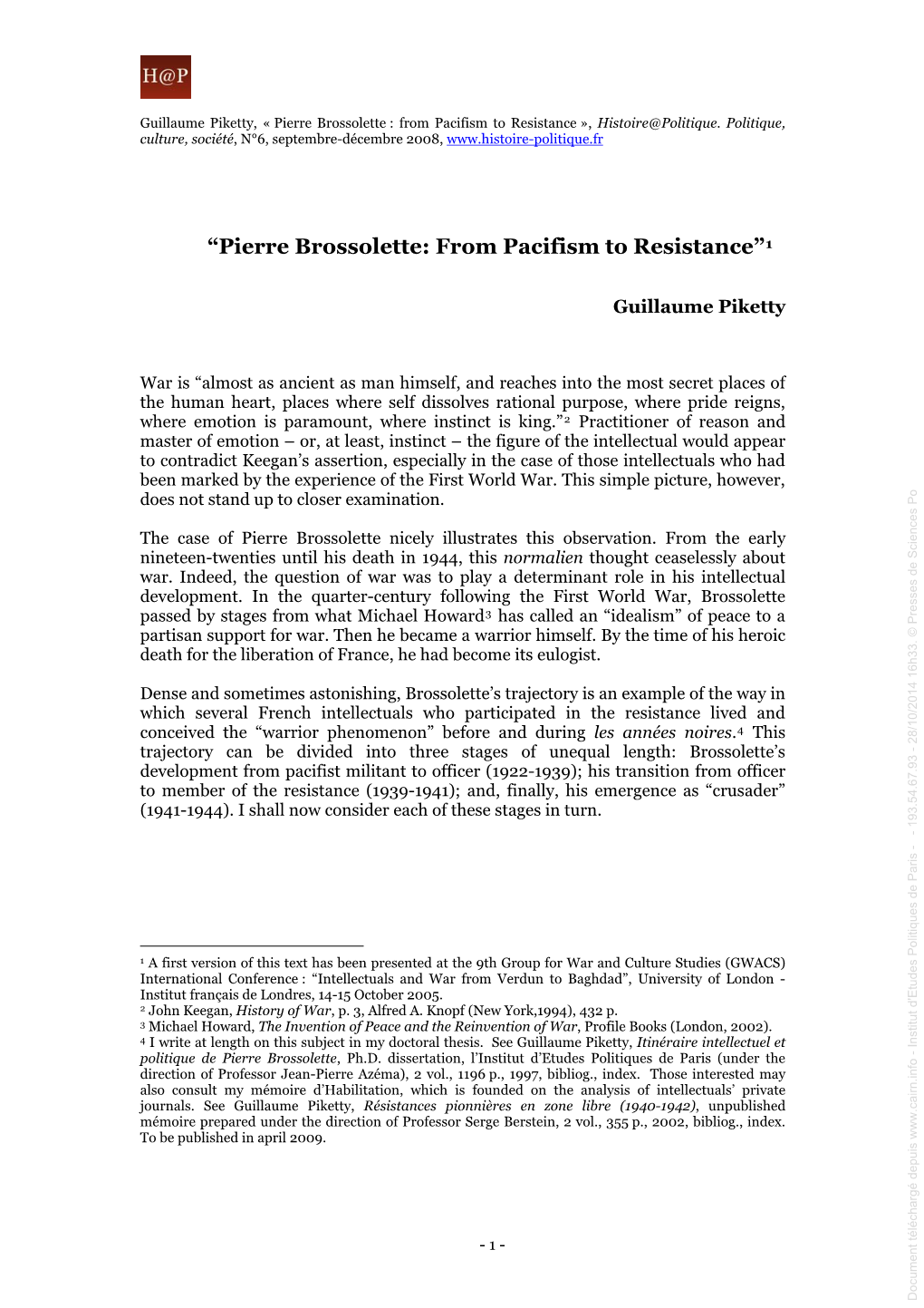 “Pierre Brossolette: from Pacifism to Resistance”1