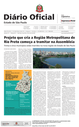 Projeto Que Cria a Região Metropolitana De Rio Preto Começa a Tramitar Na Assembleia Trinta E Cinco Municípios Estão Inseridos Na Nova Região Do Estado De São Paulo