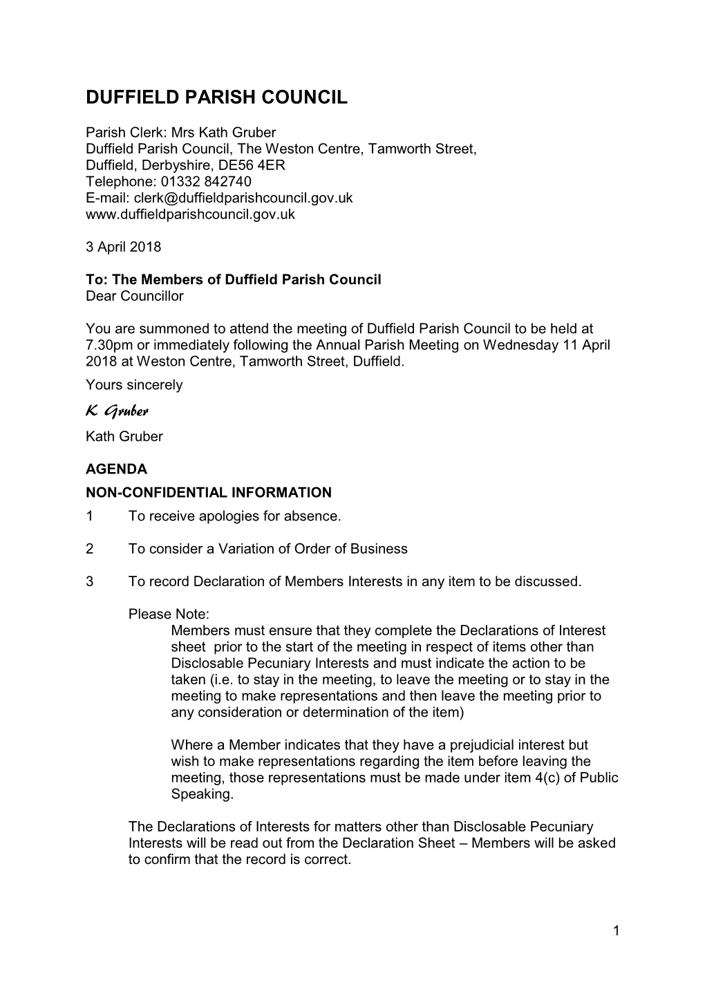 Agenda for Full Council Meeting 11Th April 2018