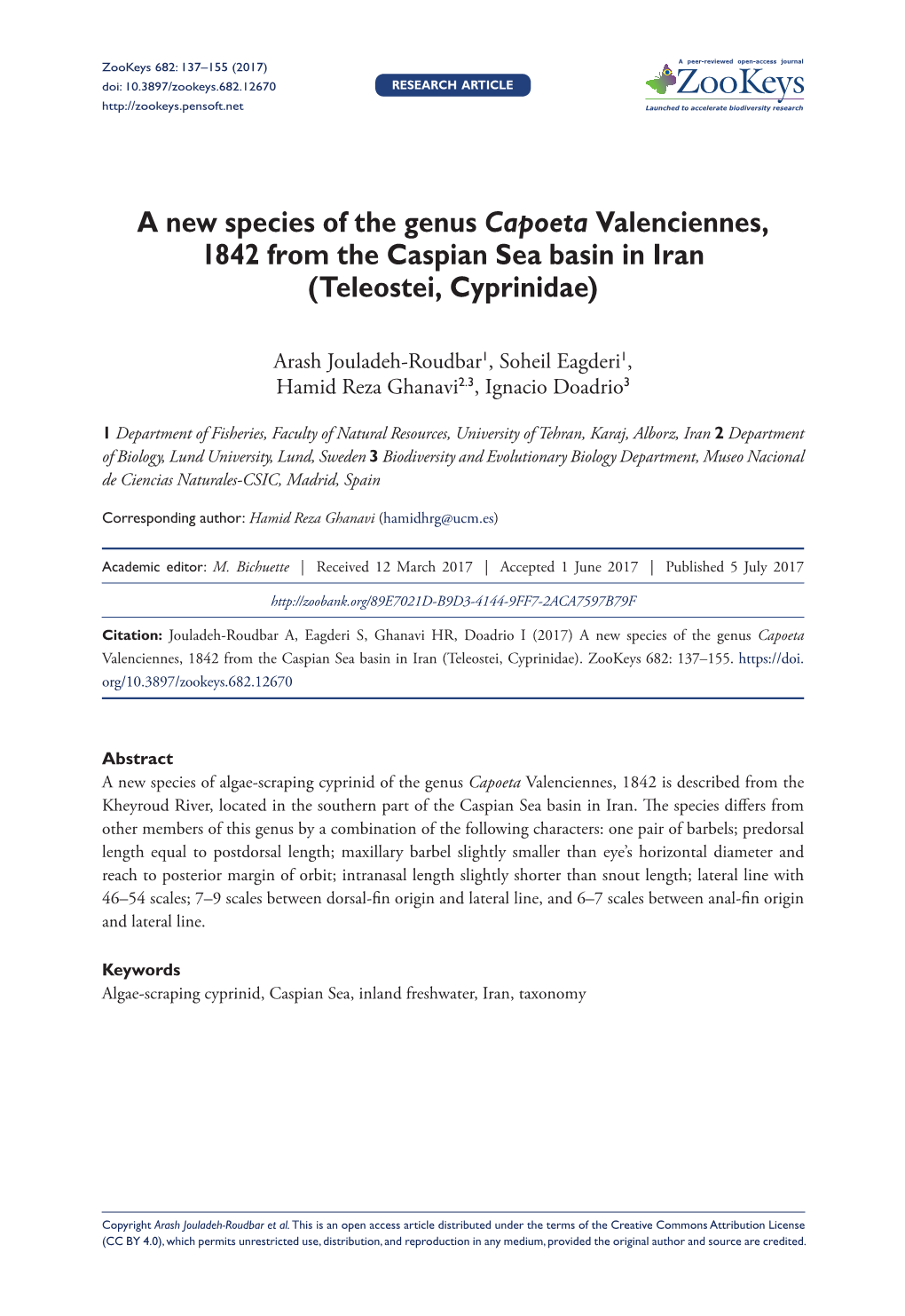 A New Species of the Genus Capoeta Valenciennes, 1842 from the Caspian Sea Basin in Iran (Teleostei, Cyprinidae)