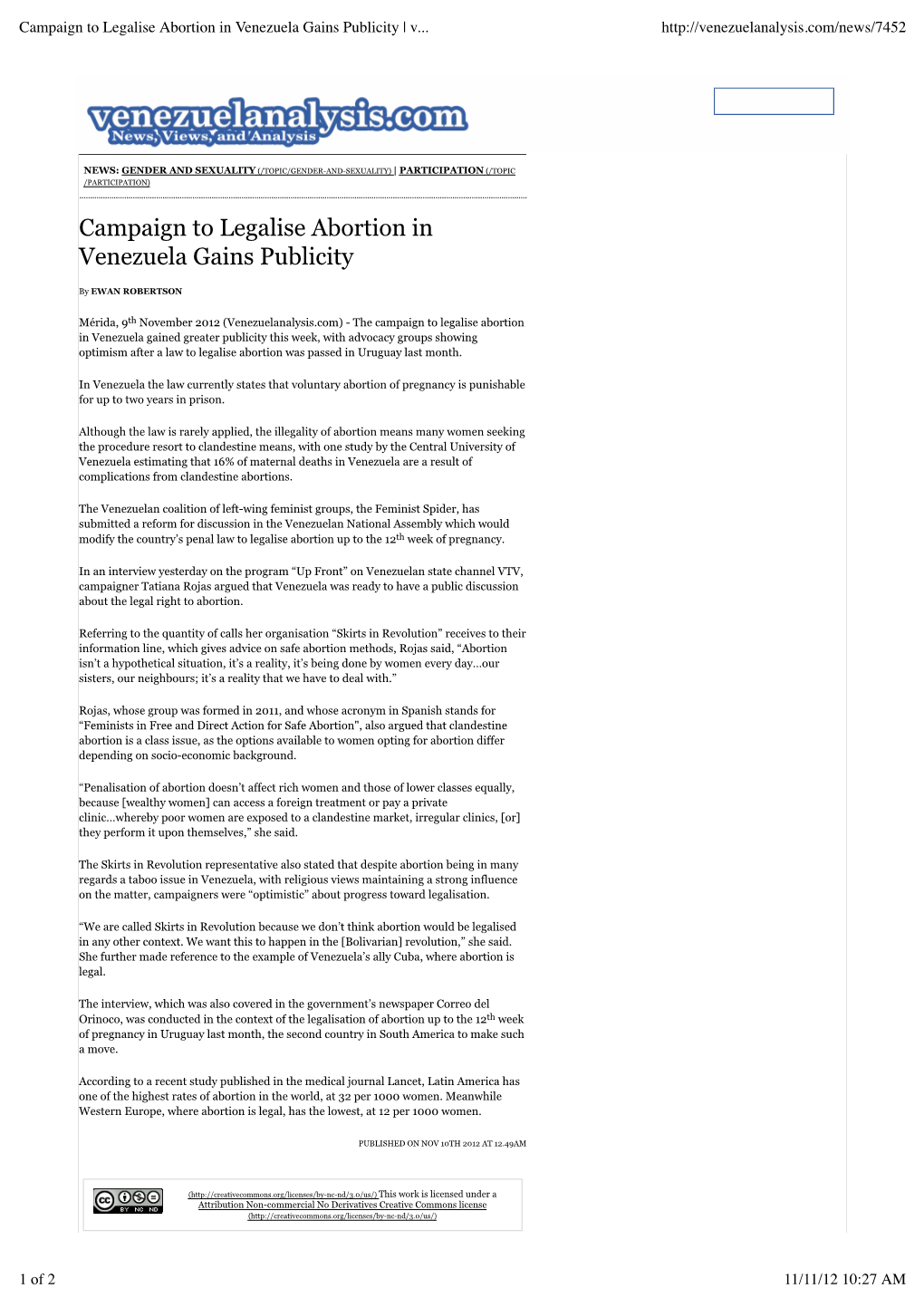 Campaign to Legalise Abortion in Venezuela Gains Publicity | V