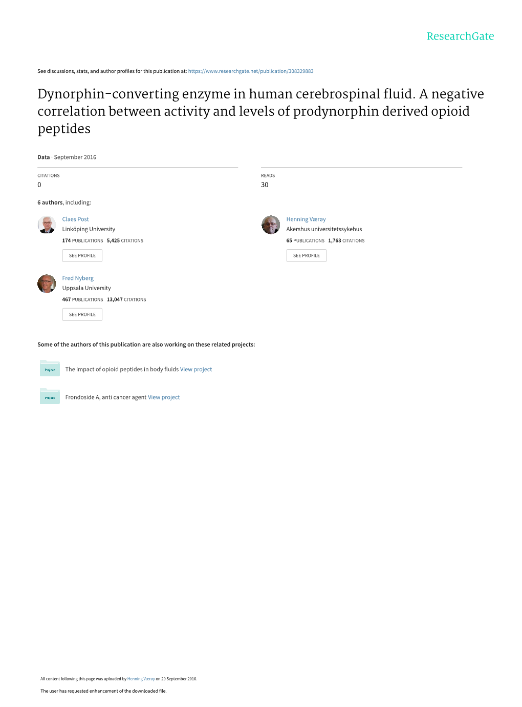 DYNORPHIN-CONVERTING ENZYME in HUMAN CEREBROSPINAL a Negative Correlation Between Activity and Levels of Prodynorphin Derived Op