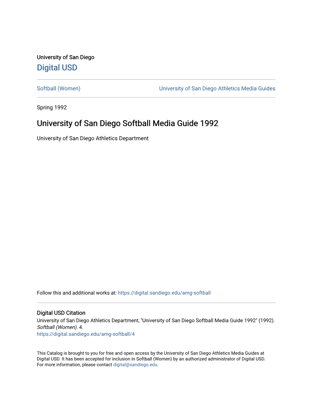 University of San Diego Softball Media Guide 1992