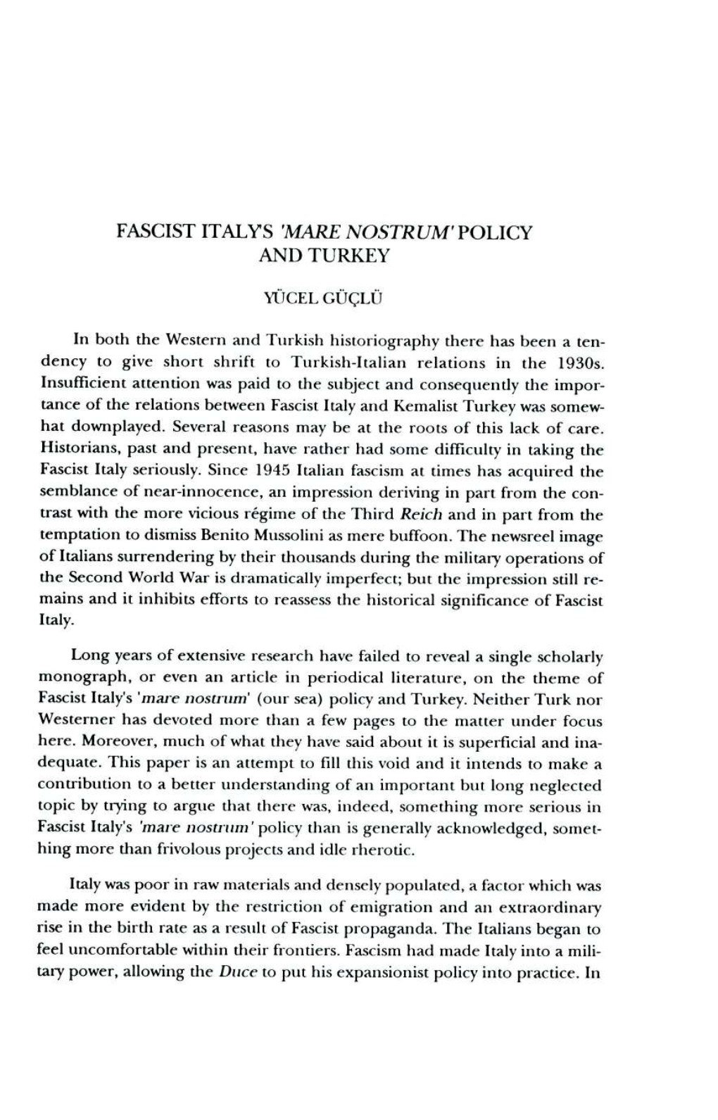 Fascist Italys 'Mare Nostrum' Policy and Turkey