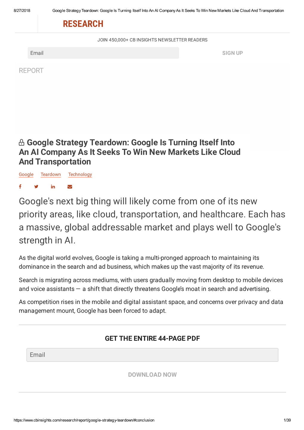 Google Strategy Teardown: Google Is Turning Itself Into an AI Company As It Seeks to Win New Markets Like Cloud and Transportation RESEARCH