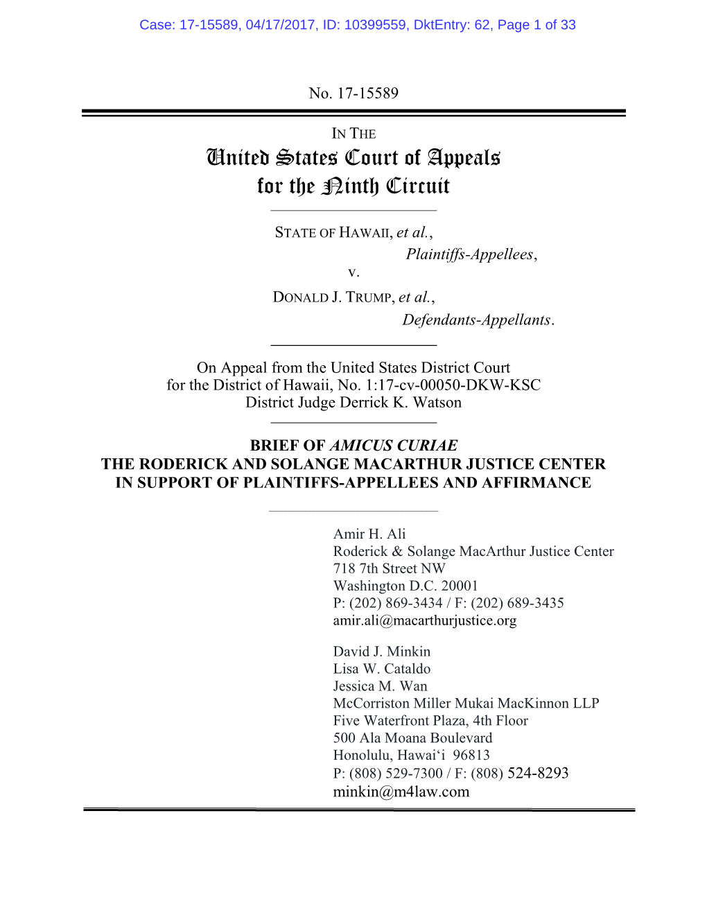 Brief of Amicus Curiae the Roderick and Solange Macarthur Justice Center in Support of Plaintiffs-Appellees and Affirmance