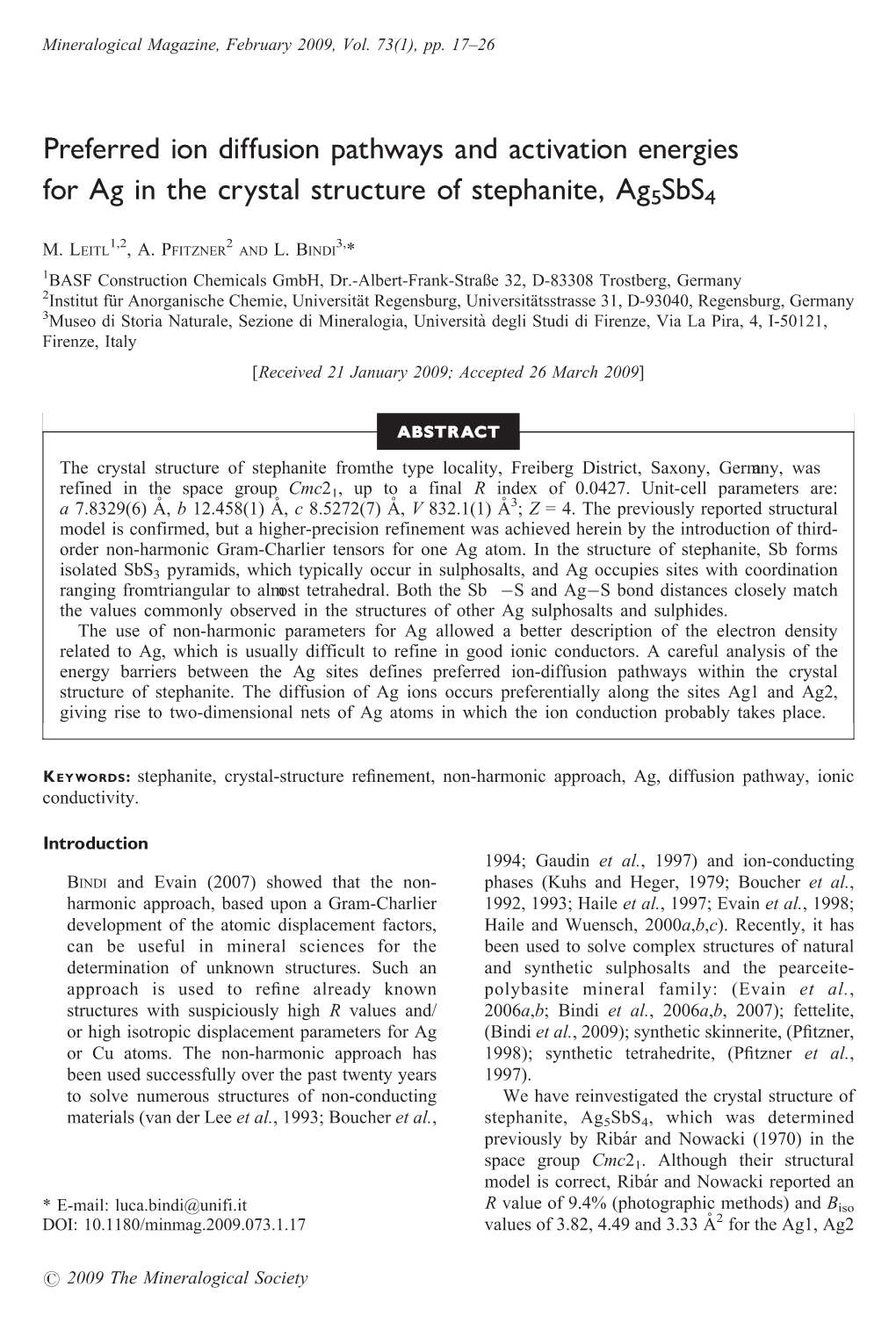 Preferred Ion Diffusion Pathways and Activation Energies for Ag in the Crystal Structure of Stephanite, Ag5sbs4