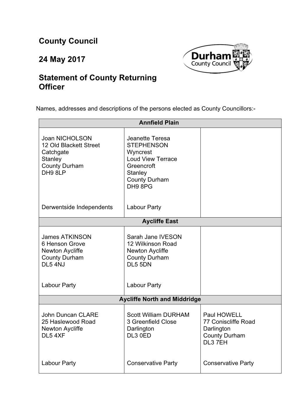 County Council 24 May 2017 Statement of County Returning Officer