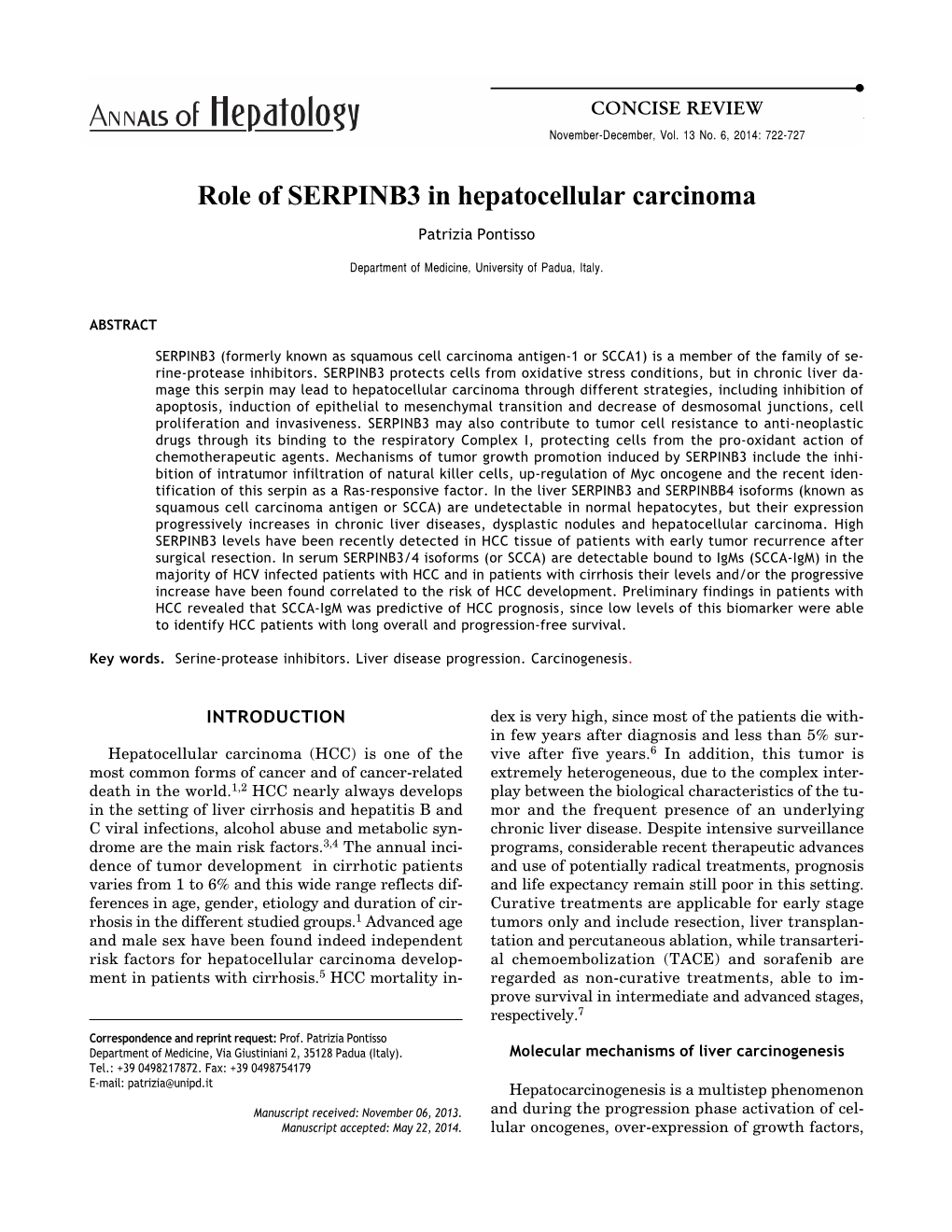 Role of SERPINB3 in Hepatocellular Carcinoma