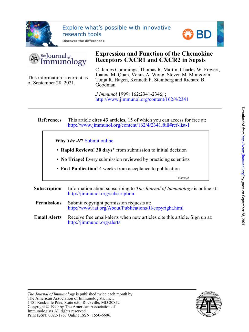 Receptors CXCR1 and CXCR2 in Sepsis Expression and Function of the Chemokine