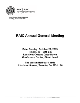 RAIC Annual General Meeting Sunday, October 27, 2019