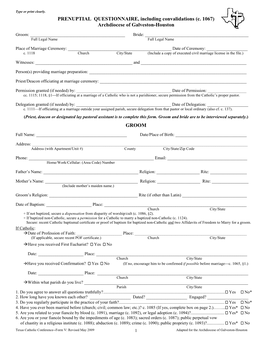 PRENUPTIAL QUESTIONNAIRE, Including Convalidations (C. 1067) Archdiocese of Galveston-Houston