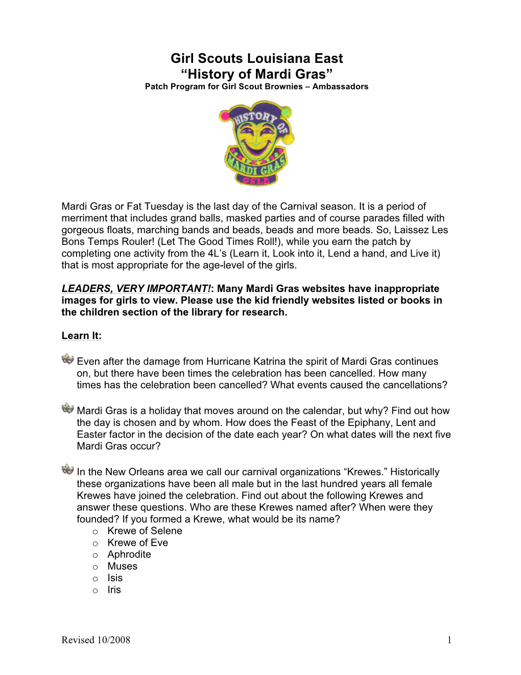 Girl Scouts Louisiana East “History of Mardi Gras” Patch Program for Girl Scout Brownies – Ambassadors