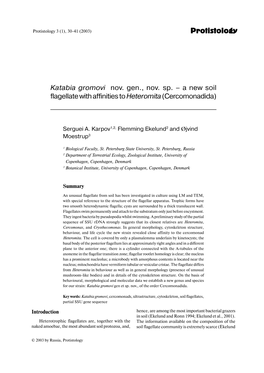 Katabia Gromovi Nov.. Gen., Nov.. Sp. a New Soil Flagellate with Affinities to Heteromita (Cercomonadida)