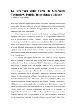 La Struttura Delle Forze Di Sicurezza: Tatmadaw, Polizia, Intelligence E Milizie Di ANDREA CASTRONOVO