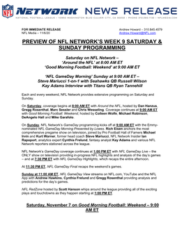 Preview of Nfl Network's Week 9 Saturday & Sunday Programming