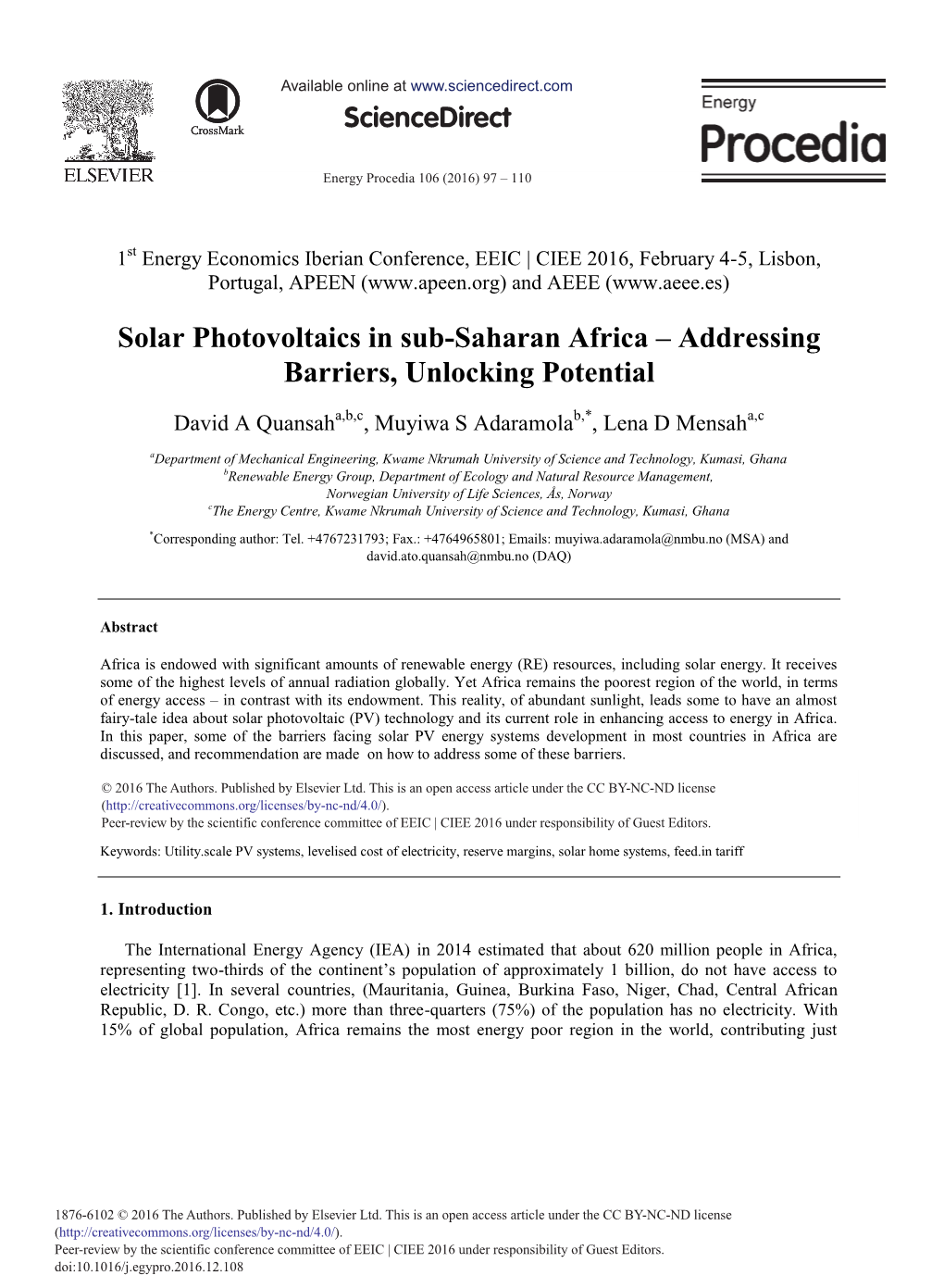 Solar Photovoltaics in Sub-Saharan Africa – Addressing Barriers, Unlocking Potential