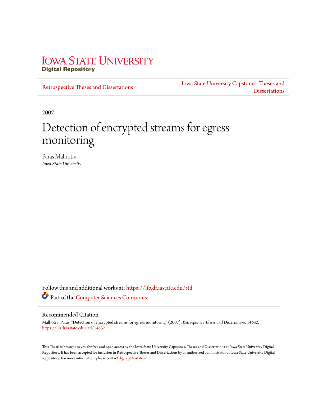 Detection of Encrypted Streams for Egress Monitoring Paras Malhotra Iowa State University