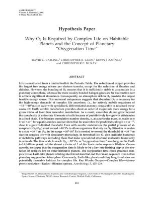 Hypothesis Paper Why O2 Is Required by Complex Life on Habitable Planets and the Concept of Planetary “Oxygenation Time”