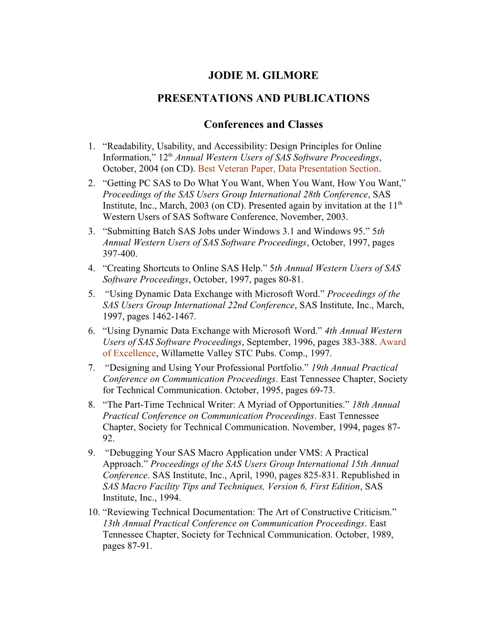 Jodie Gilmore - List of Publications - 2