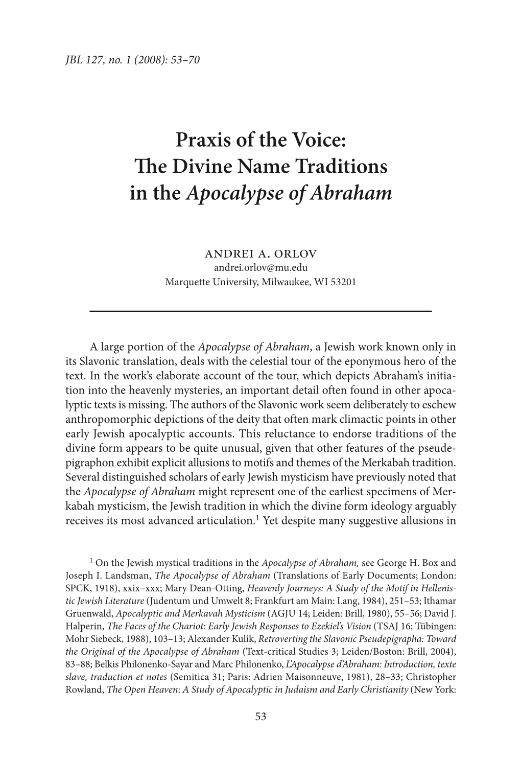 Praxis of the Voice: the Divine Name Traditions in the Apocalypse of Abraham