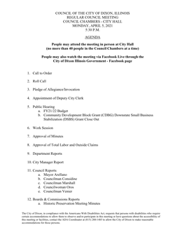 Council of the City of Dixon, Illinois Regular Council Meeting Council Chambers - City Hall Monday, April 5, 2021 5:30 P.M