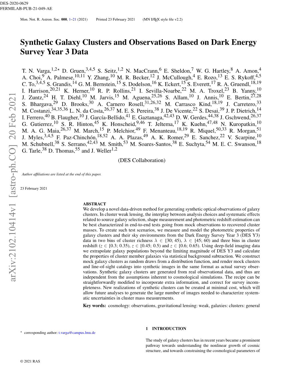 Synthetic Galaxy Clusters and Observations Based on Dark Energy Survey Year 3 Data