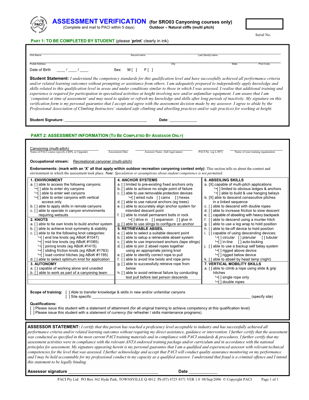 ASSESSMENT VERIFICATION (For SRO03 Canyoning Courses Only) (Complete and Mail to PACI Within 5 Days) Outdoor – Natural Cliffs (Multi Pitch)