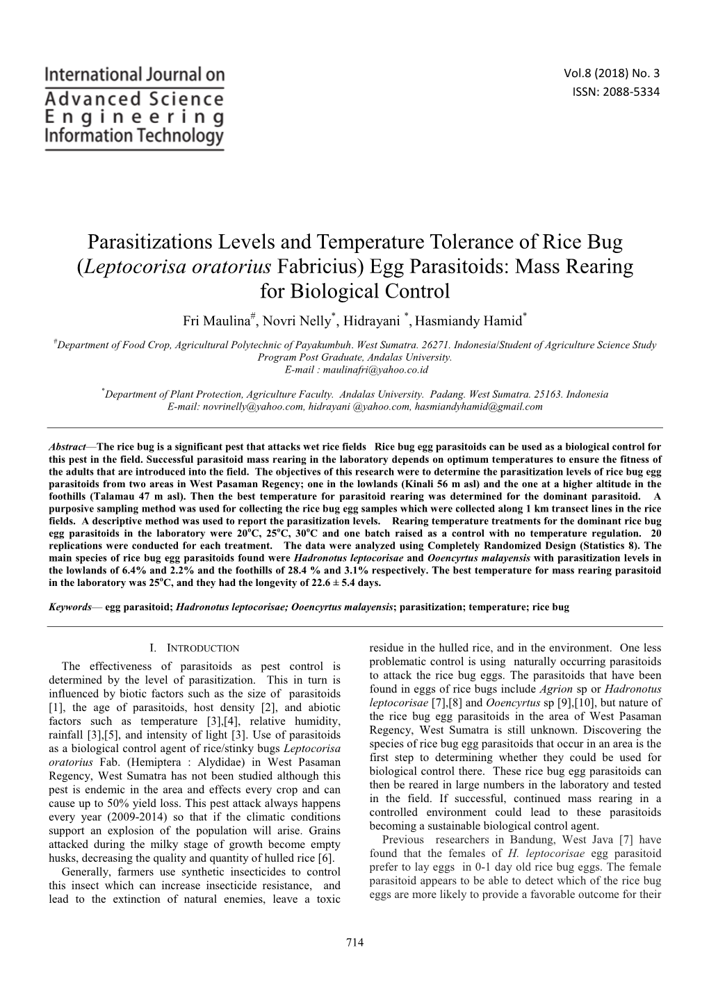 (Leptocorisa Oratorius Fabricius) Egg Parasitoids: Mass Rearing for Biological Control