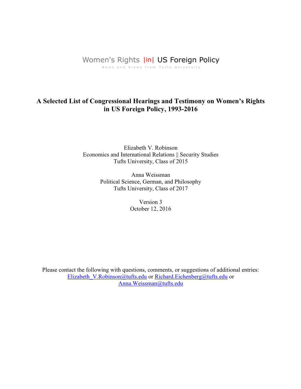 A Selected List of Congressional Hearings and Testimony on Women’S Rights in US Foreign Policy, 1993-2016