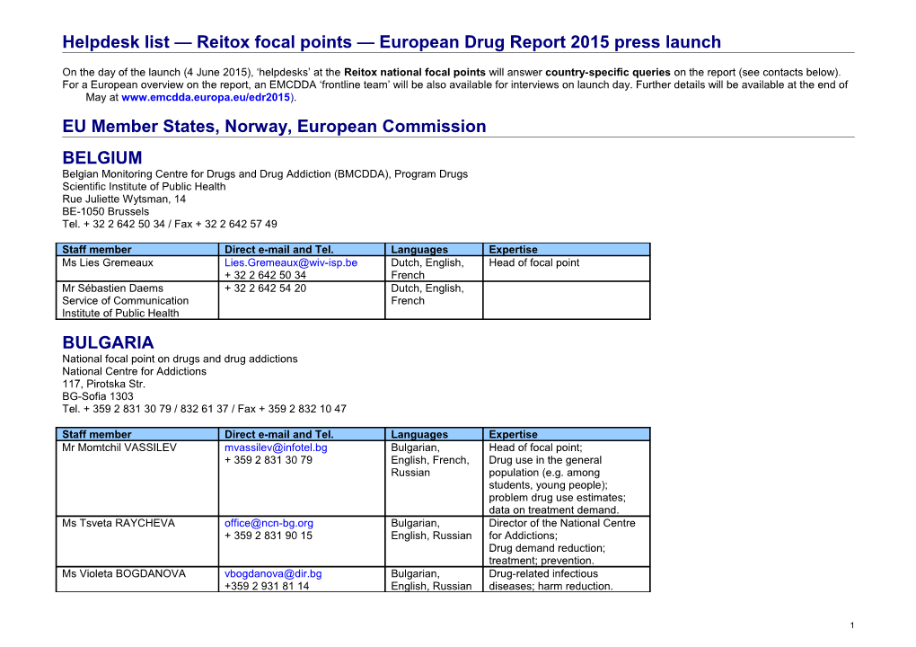 Helpdesk List Reitox Focal Points European Drug Report 2015 Press Launch